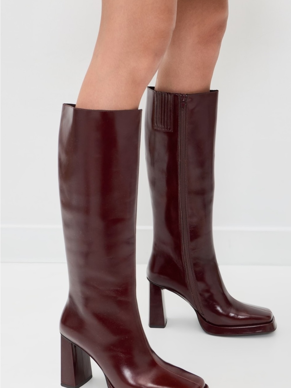 Jeffrey Campbell Knee-High Block Heel Leather Boots in Deep Bordeaux